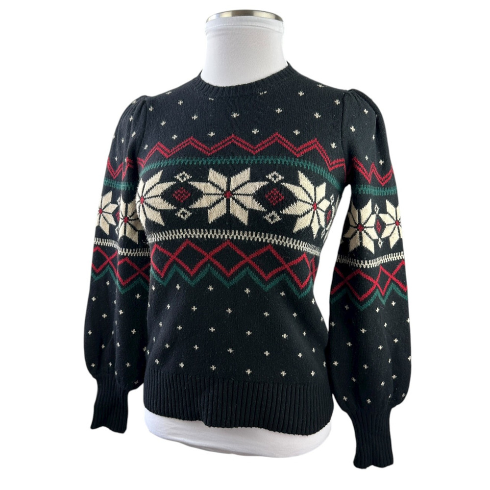 Ralph Lauren Fair Isle Puff Sleeve Sweater Wintry Snowflake Wool Mix Size Small - Picture 4 of 16